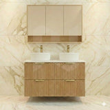 Timber fluted prime oak 1200mm double bowl wall hung vanity with Blank White Stone Top