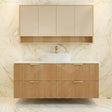 Timber fluted prime oak 1500mm single bowl wall hung vanity with 4 drawers and stone top