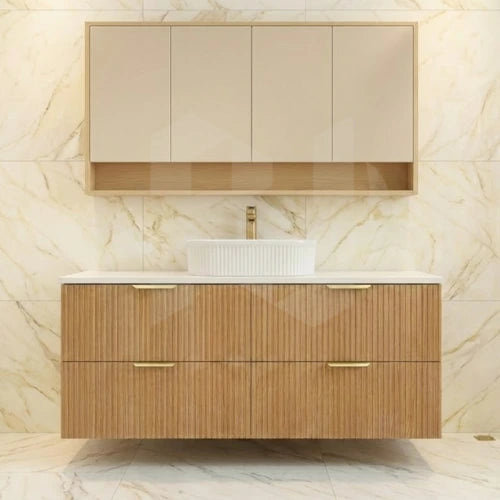 Timber fluted prime oak 1500mm single bowl wall hung vanity with 4 drawers and stone top