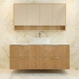 Timber fluted prime oak 1500mm single bowl wall hung vanity with 4 drawers and stone top