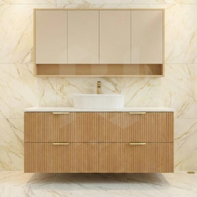 Timber fluted prime oak 1500mm single bowl wall hung vanity with 4 drawers and stone top