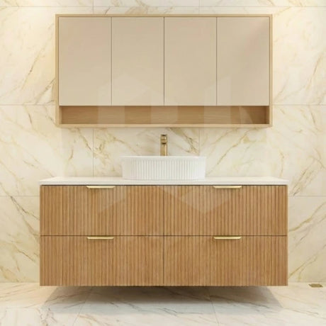 Timber fluted prime oak 1500mm single bowl wall hung vanity with 4 drawers and stone top