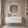 Estella 1200mm fluted curved wall hung vanity in Matte White styled in a modern Australian bathroom - RJ Bathroom