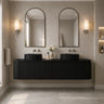 Estella fluted curved wall hung double bowl vanity in Matte Black styled in a modern Australian bathroom - RJ Bathroom
