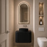 Estella fluted curved wall hung vanity in Matte Black with a round vessel basin styled in a modern Australian powder room - RJ Bathroom