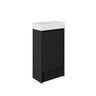 Matte black fluted 450mm freestanding vanity with kickboard and matte white solid surface top, front view