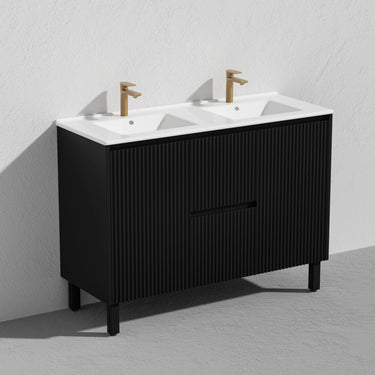 Fluted Freestanding Vanity Brighton 1200mm Double Bowl Matte Black PVC Waterproof Carrara Dimond Sintered Top 50mm - RJ Bathroom