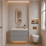 Hamilton 600mm wall hung vanity in matte grey, bathroom render with mirror cabinet