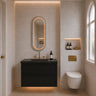 Matte Black Hampton shaker wall hung vanity, Hamilton 750mm, styled bathroom