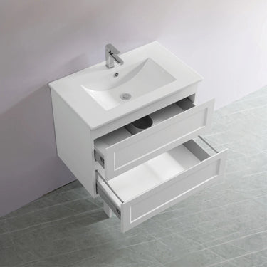 Fremantle 750mm Matte White Hampton Shaker Wall Hung Vanity front view with 2 soft-close drawers - RJ Bathroom