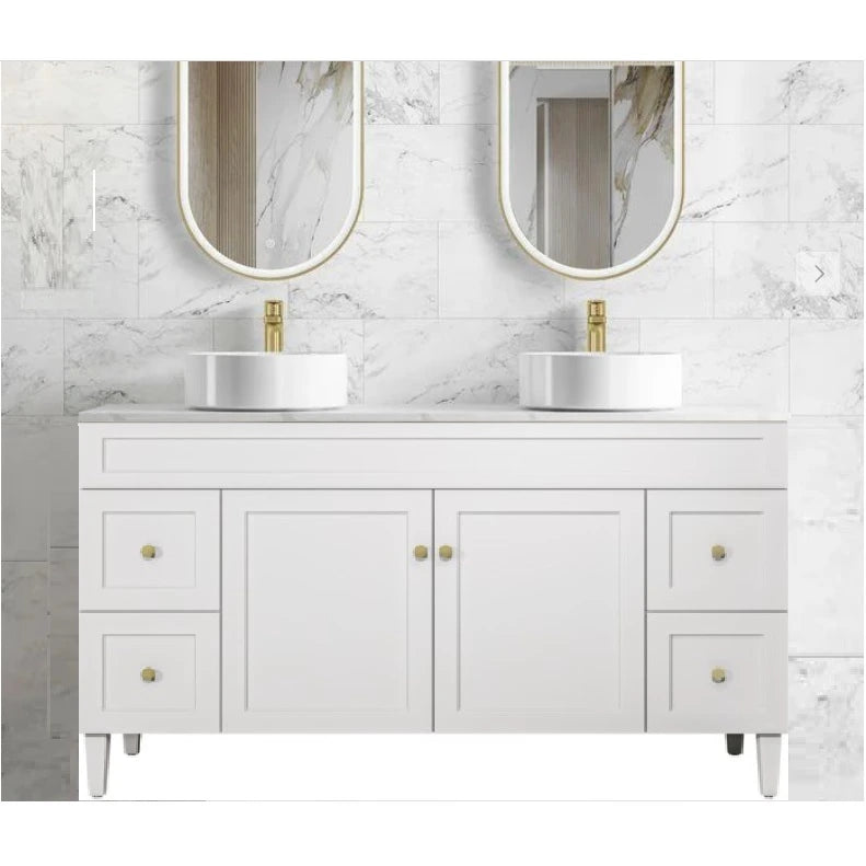 Harrington Hampton Shaker 1500mm Matte White Double Bowl PVC Waterproof Freestanding Vanity Carrara Stone Top