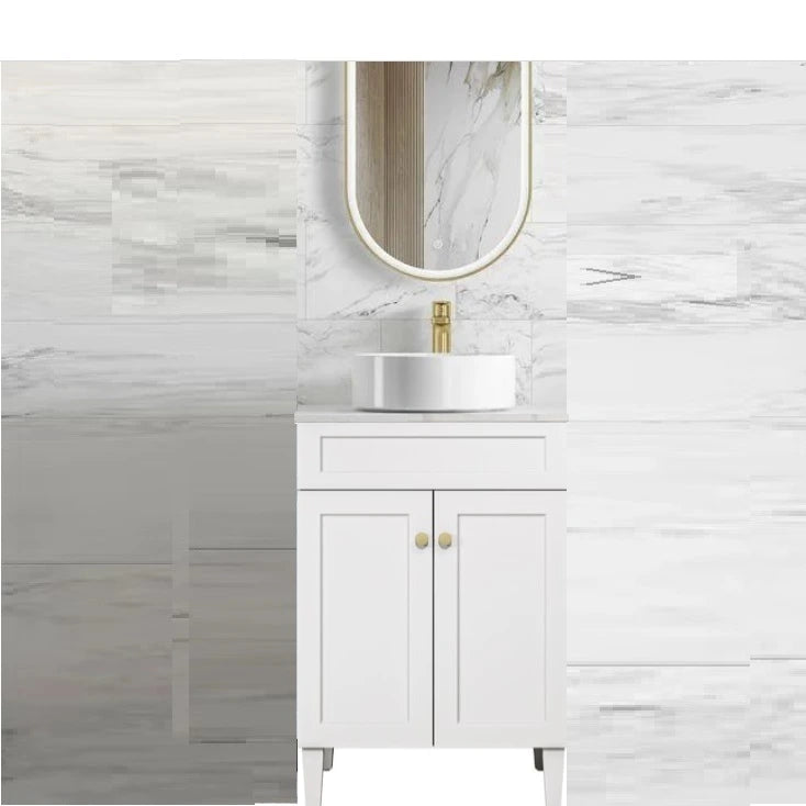 Harrington Hampton Shaker 600mm Matte White PVC Waterproof Freestanding Vanity Carrara Stone Top