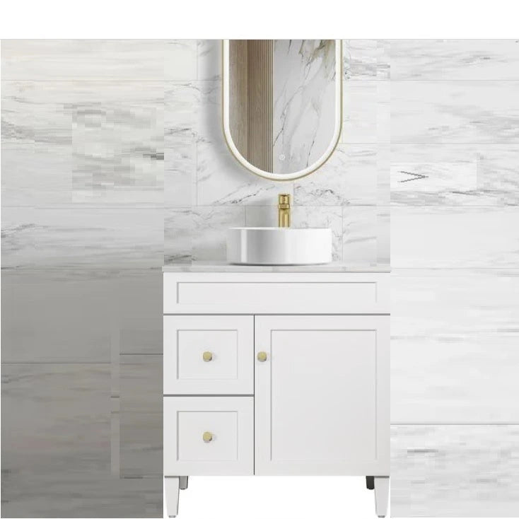 Harrington Hampton Shaker 750mm Matte White PVC Waterproof Freestanding Vanity Carrara Stone Top