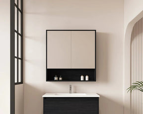 Hera Black Oak 750mm Mirror Shaving Cabinet with Shelf - RJ Bathroom