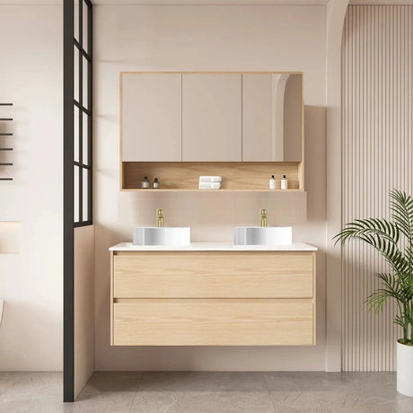 Hera Timber look Tas Oak 1500mm Wall Hung Double Bowl Vanity Alpine Mist Stone Top - RJ Bathroom