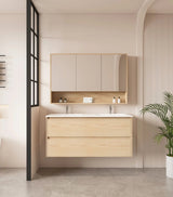 Hera Timber look Tas Oak 1500mm Wall Hung Double Bowl Vanity Alpine Mist Stone Top - RJ Bathroom