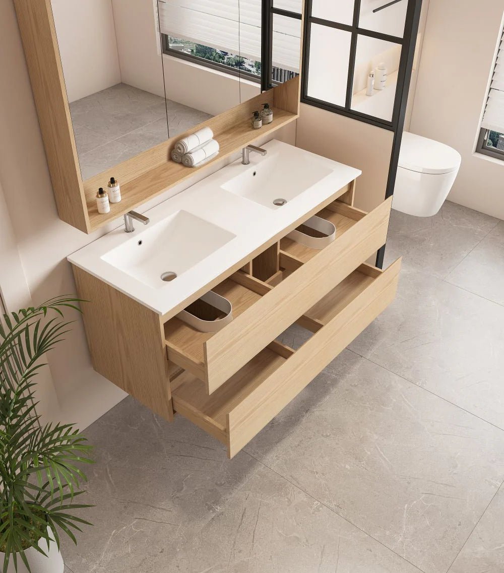 Hera Timber look Tas Oak 1500mm Wall Hung Double Bowl Vanity Alpine Mist Stone Top - RJ Bathroom