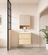 Hera Timber look Tas Oak 900mm Wall Hung Vanity Alpine Mist Stone Top - RJ Bathroom