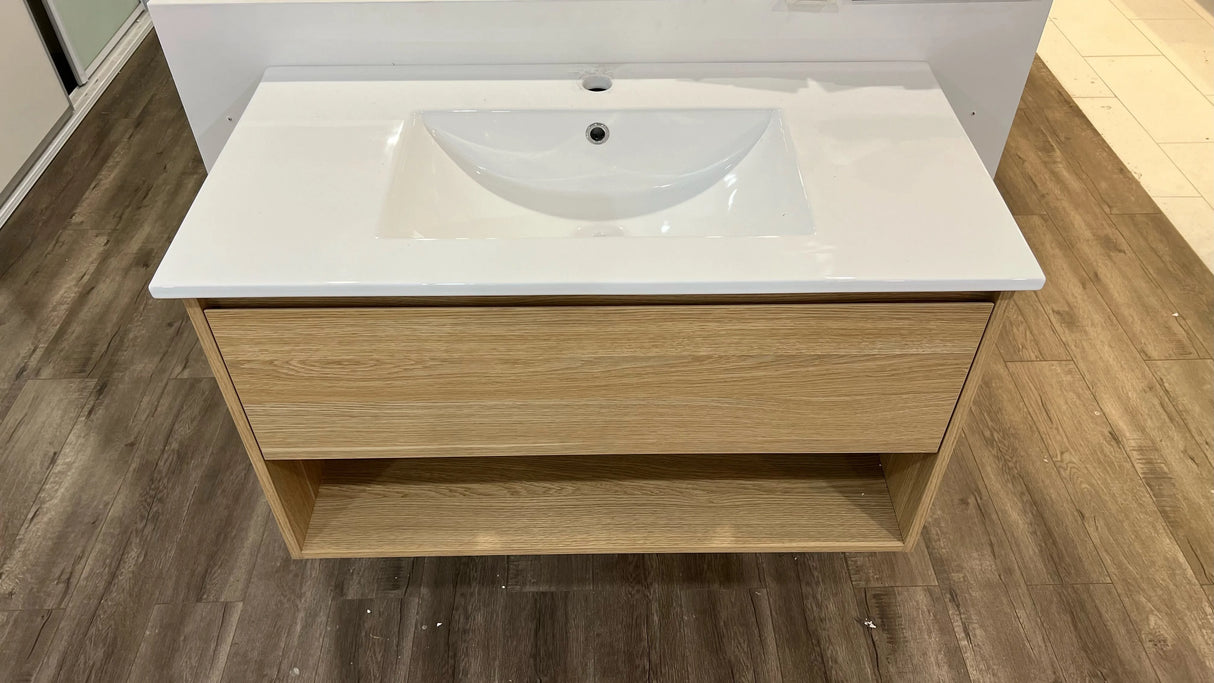 Timber Grain Oak All Drawer with Shelf 900mm Wall-hung Vanity