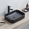 Kliff 500mm rectangular above counter basin in matte black on a bathroom vanity top