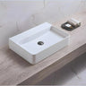 Kliff 417mm gloss white wall hung basin with no tap hole on a timber bench
