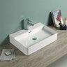 Kliff 605mm gloss white wall hung basin with tap hole on a timber bench