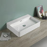 Kliff gloss white wall hung basin with no tap hole on a timber bench, 600mm size shown