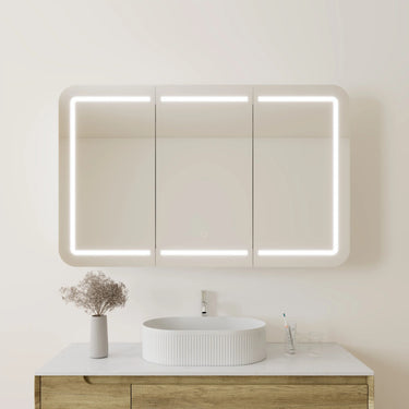 1200mm matte white LED shaving cabinet above a double bathroom vanity