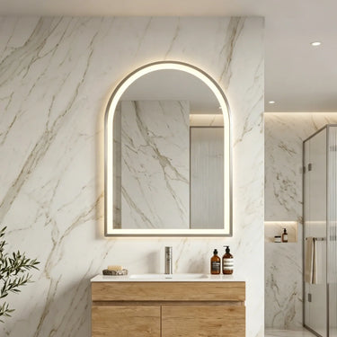 Arco 600x900mm Brushed Nickel arch framed led mirror