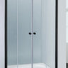Matte black semi frameless centre opening sliding shower screen installed wall to wall, two sliding doors meeting in the middle