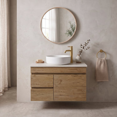 Timber Look Camden 750x360mm Ensuite Slimline Vanity Prime Oak Wall Hung Ceramic Top Optional