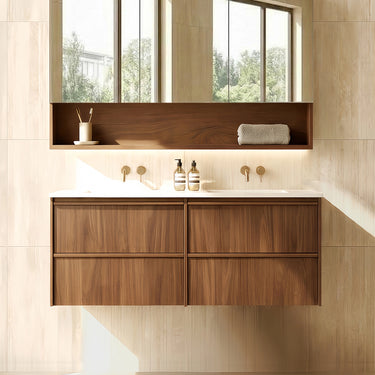 Ridgewood 1200mm wall hung plywood vanity in Walnut Mocha Oak Woodmatt, integrated handle rail