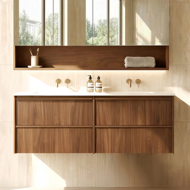 Ridgewood Timber Look Walnut Mocha Oak 1500mm Wall Hung Plywood Two Drawers Double Bowl Vanity 40mm Carrara Sintered Stone Top
