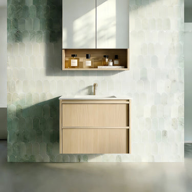 Ridgewood Timber Look Sandy Oak Woodmatt 600mm Wall Hung Plywood Two Drawers Vanity Calacatta Solid Surface Stone Top