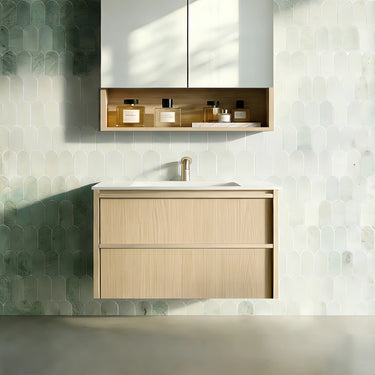 Ridgewood Timber Look Sandy Oak Woodmatt 900mm Wall Hung Plywood Two Drawers Vanity 40mm Sintered Stone Top
