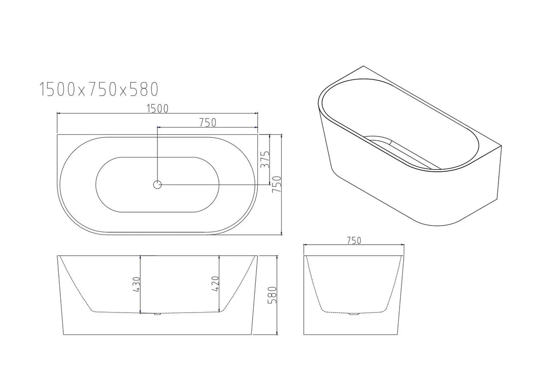 Musen 1700mm Ultra - Thin Back to Wall Gloss White Bathtub - RJ Bathroom