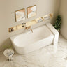 Nova 1700mm right corner bath in gloss white with ultra-thin edge, installed against a tiled bathroom wall