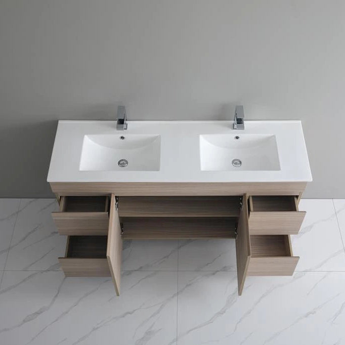 Bathroom vanity with two sinks on a tiled floor.