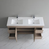 Bathroom vanity with two sinks on a tiled floor.