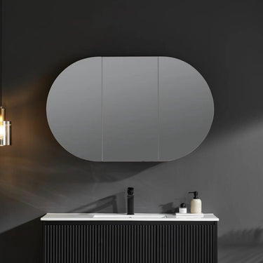 Olivia Pill Oval PVC Mirror Shaving Cabinet Matte Black 1200x750mm - RJ Bathroom