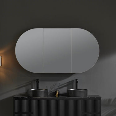 Olivia Pill Oval PVC Mirror Shaving Cabinet Matte Black 1500x800mm - RJ Bathroom