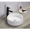 Olley Fluted 400mm round above counter basin in gloss white with black tall basin mixer