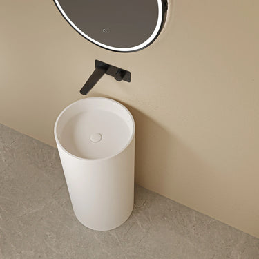 Olley solid surface stone freestanding pedestal basin in matte white with wall mixer