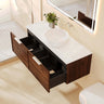 Paris Walnut Woodmatt 1200mm wall hung vanity with drawers open showing the internal storage - RJ Bathroom