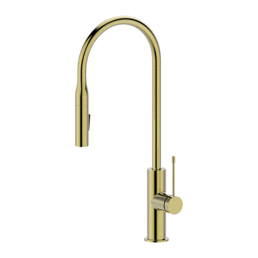 Aziz Brushed Gold Pull-Out Kitchen Sink Mixer, front view