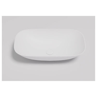 Perry 630mm solid surface stone above counter basin in matte white, rounded rectangle