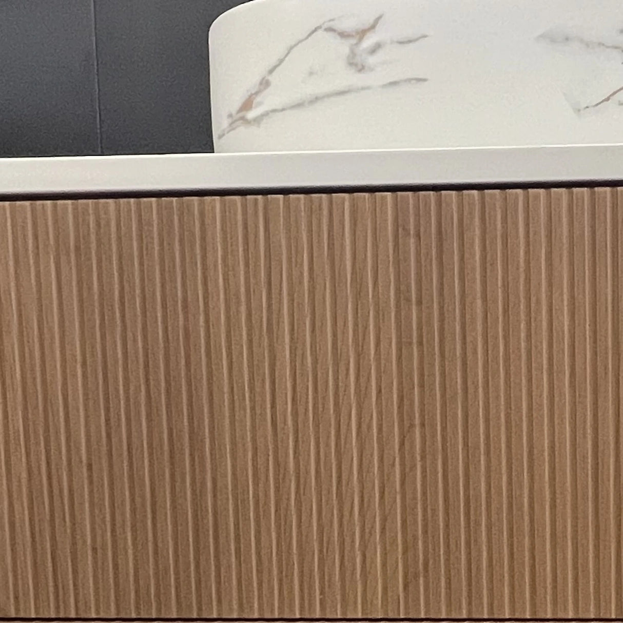 Timber Fluted Curved Prime Oak Artis 900mm Waterproof Wall Hung Vanity Solid Surface Stone top