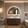 Ravello 1200mm curved timber wall hung vanity in Walnut Mocha Oak double bowl styled in a modern Australian bathroom - RJ Bathroom