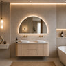 Ravello 1200mm curved timber wall hung vanity in Sandy Oak Woodmatt double bowl styled in a modern Australian bathroom - RJ Bathroom