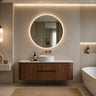 Ravello 1500mm curved timber wall hung vanity in Walnut Mocha Oak single bowl styled in a modern Australian bathroom - RJ Bathroom